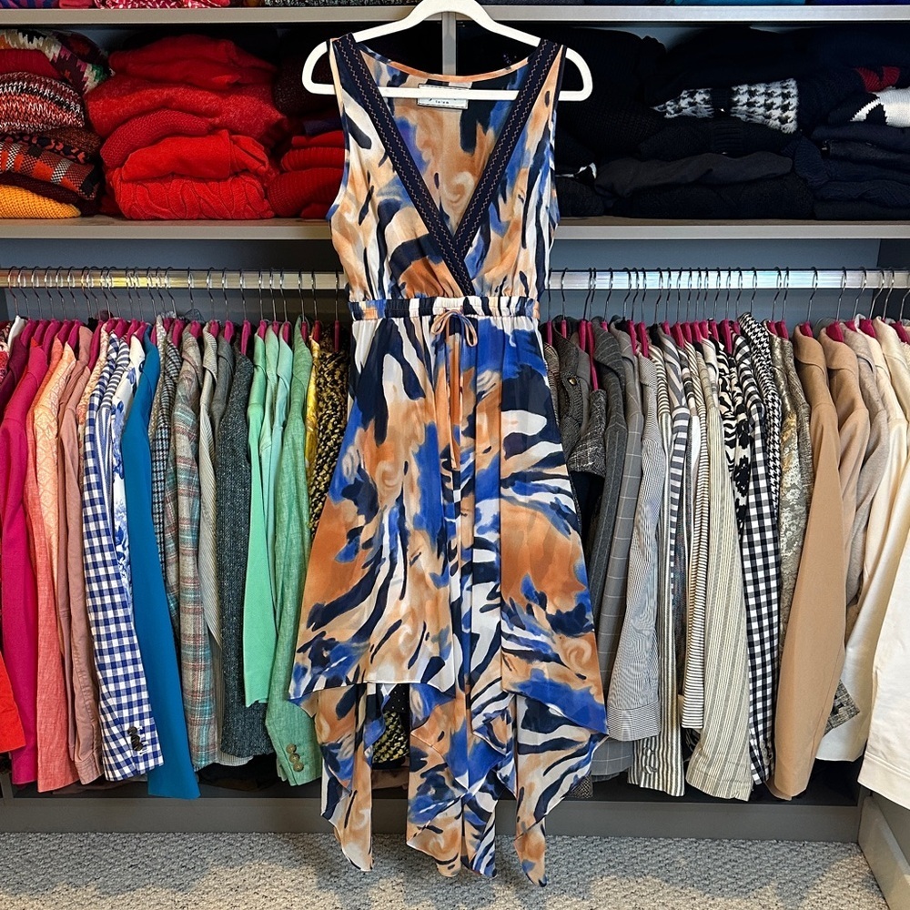 JOSA tulum blue/orange v neck semi sheer elastic waistband sleeveless dress S